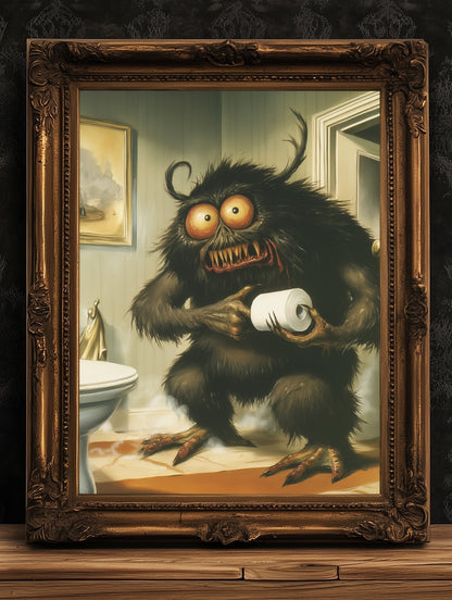 Funny Bathroom Poster, Cute Monster Holding Toilet Paper, Quirky Wall Art, Weirdcore Gift Idea, Weird Horror Print for Goth Toilet Decor