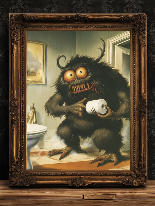 Funny Bathroom Poster, Cute Monster Holding Toilet Paper, Quirky Wall Art, Weirdcore Gift Idea, Weird Horror Print for Goth Toilet Decor