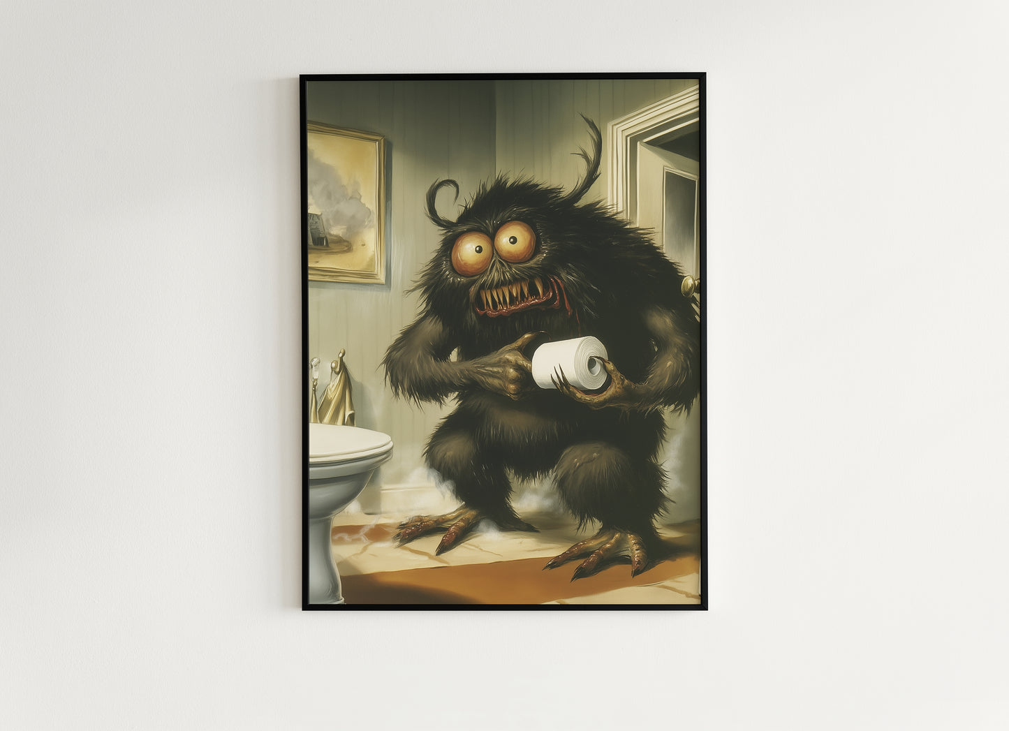 Funny Bathroom Poster, Cute Monster Holding Toilet Paper, Quirky Wall Art, Weirdcore Gift Idea, Weird Horror Print for Goth Toilet Decor