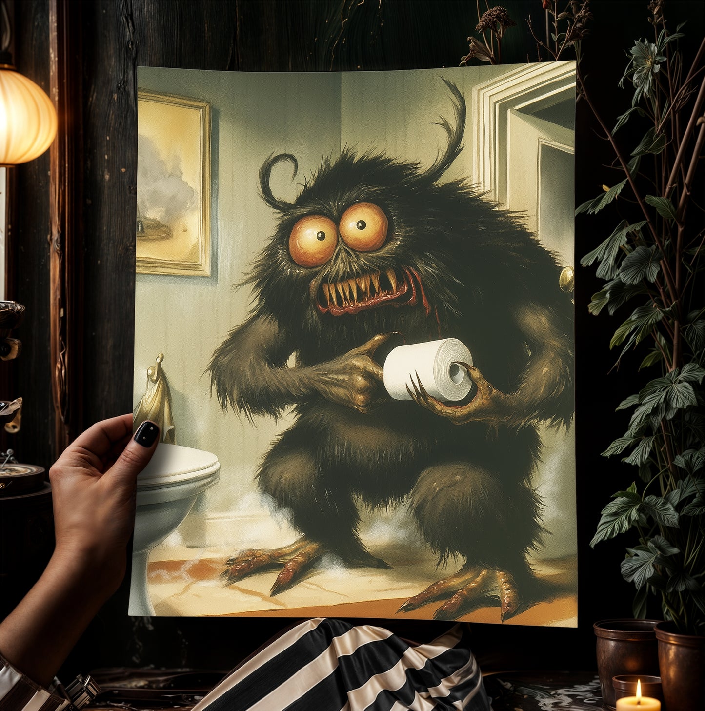 Funny Bathroom Poster, Cute Monster Holding Toilet Paper, Quirky Wall Art, Weirdcore Gift Idea, Weird Horror Print for Goth Toilet Decor