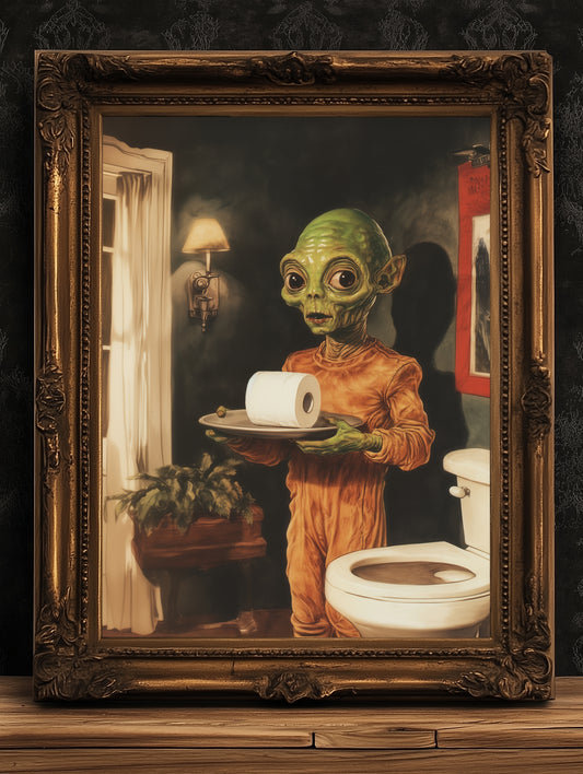 Funny Bathroom Poster, Cute Alien Holding Toilet Paper, Quirky Wall Art, Weirdcore Gift Idea, Weird UFO Print for Goth Toilet Decor