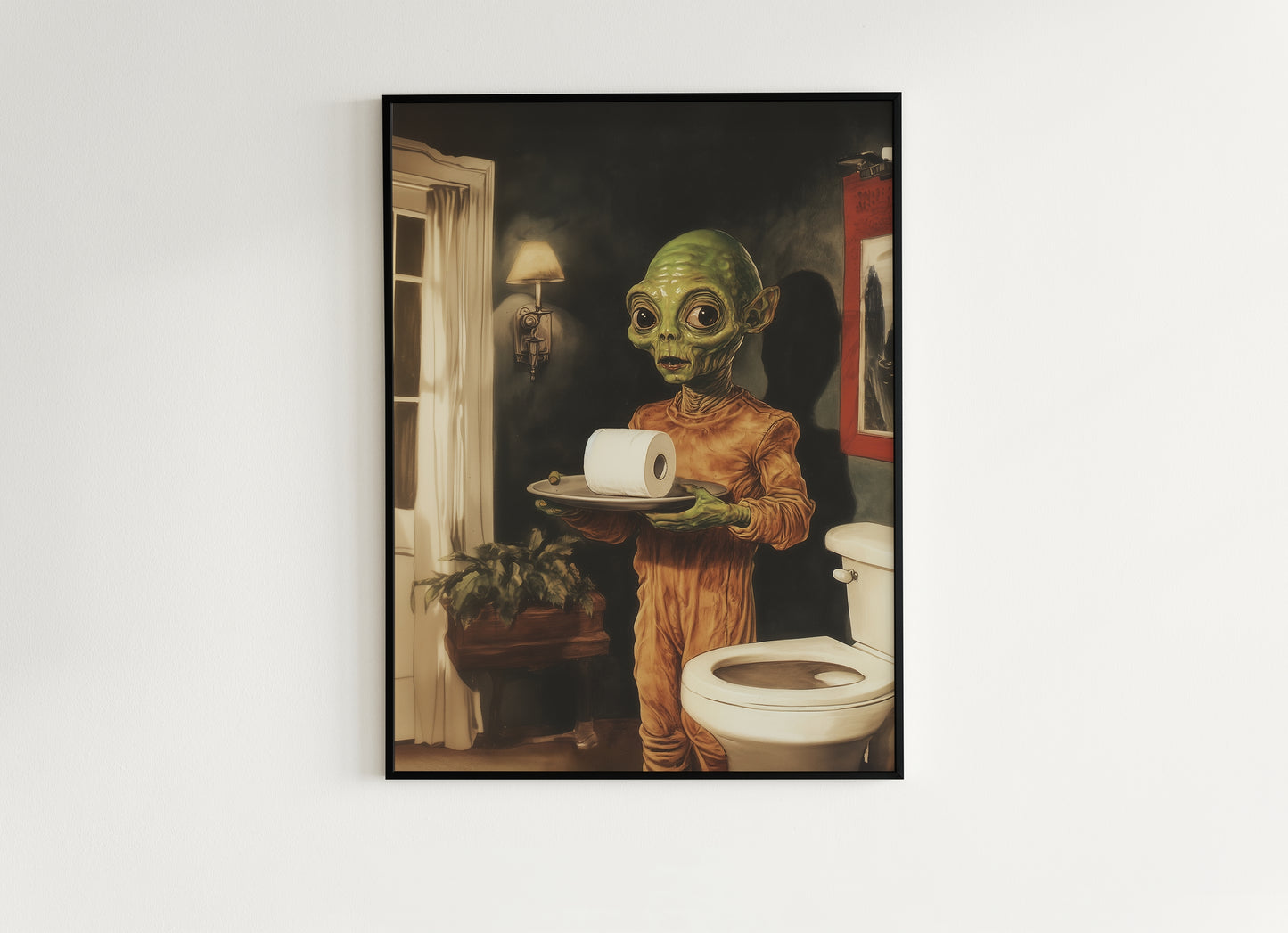 Funny Bathroom Poster, Cute Alien Holding Toilet Paper, Quirky Wall Art, Weirdcore Gift Idea, Weird UFO Print for Goth Toilet Decor