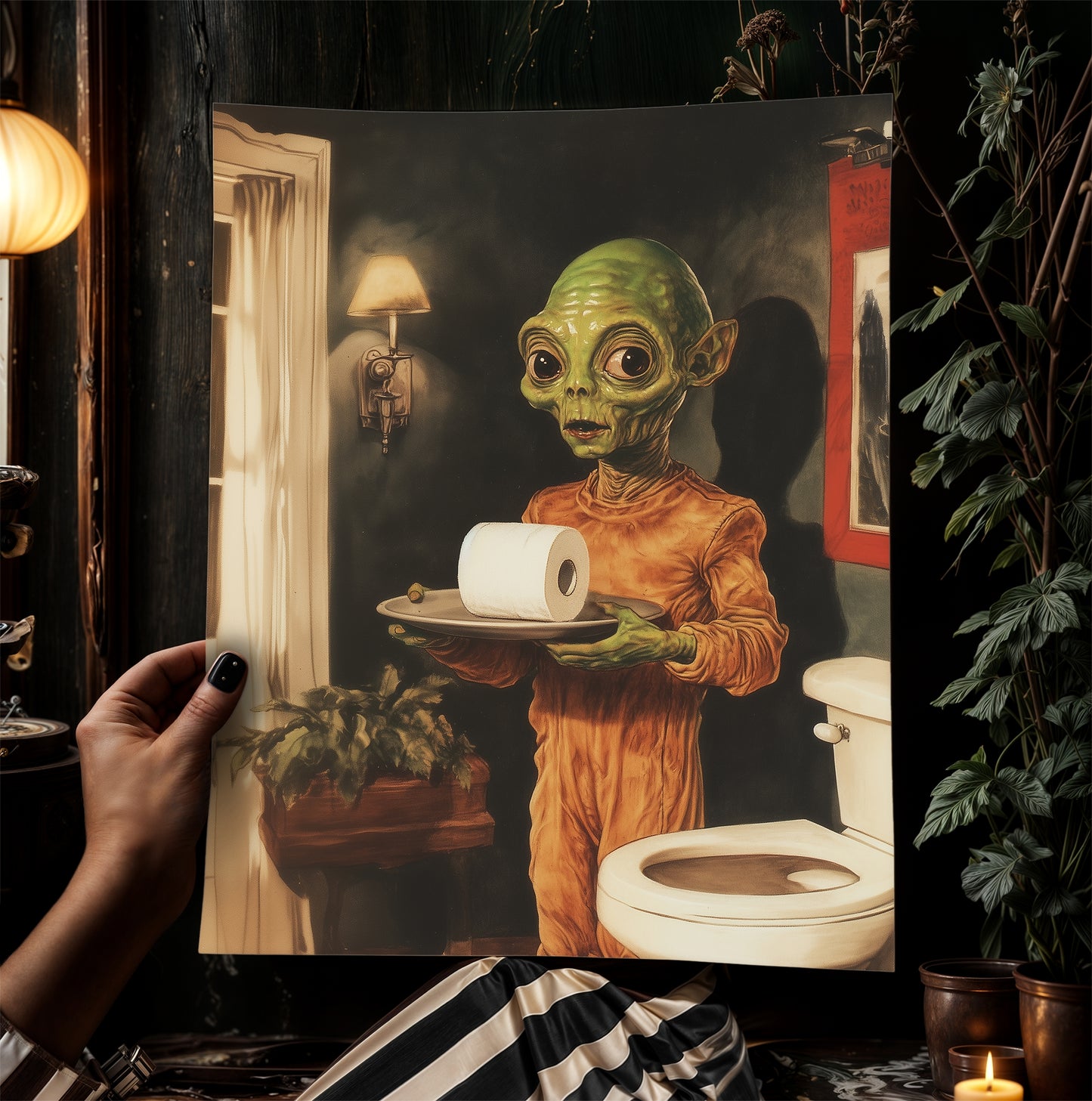 Funny Bathroom Poster, Cute Alien Holding Toilet Paper, Quirky Wall Art, Weirdcore Gift Idea, Weird UFO Print for Goth Toilet Decor