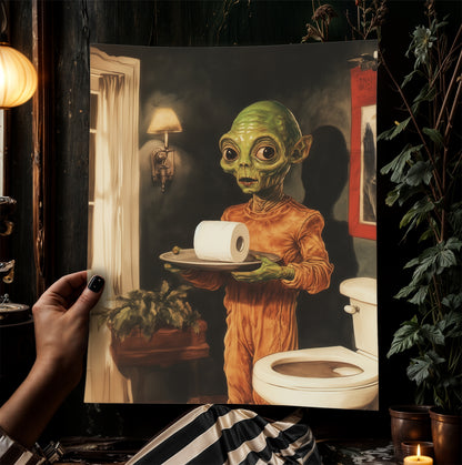 Funny Bathroom Poster, Cute Alien Holding Toilet Paper, Quirky Wall Art, Weirdcore Gift Idea, Weird UFO Print for Goth Toilet Decor