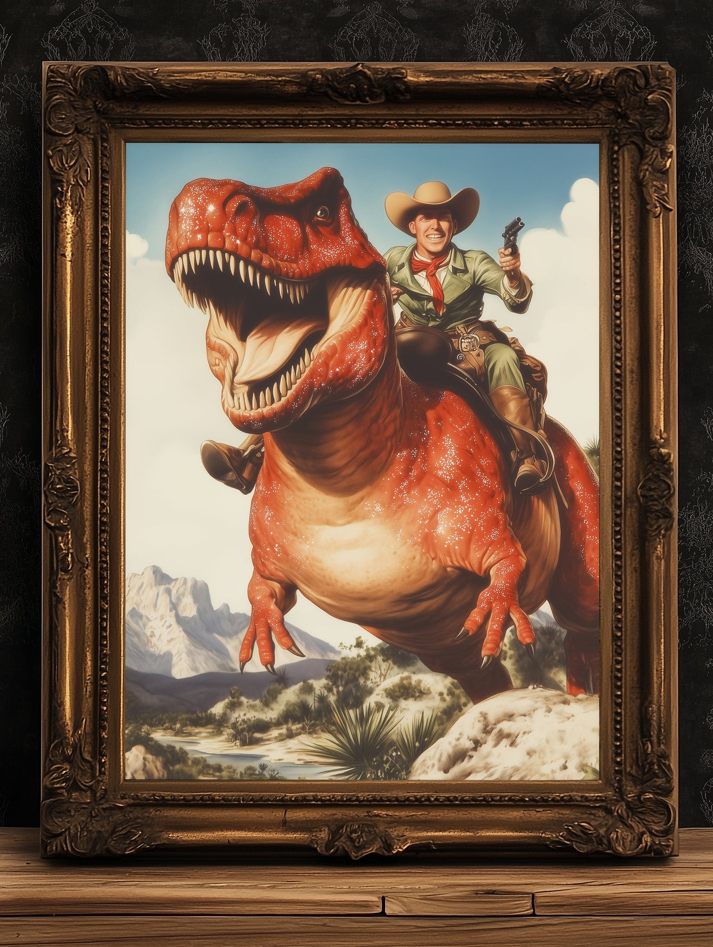 Funny Dinosaur Cowboy Wall Poster, Yeehaw Art Print, Cowboy Riding T-Rex, Weird Vintage Comic Book Poster, Quirky Western Jurassic Decor