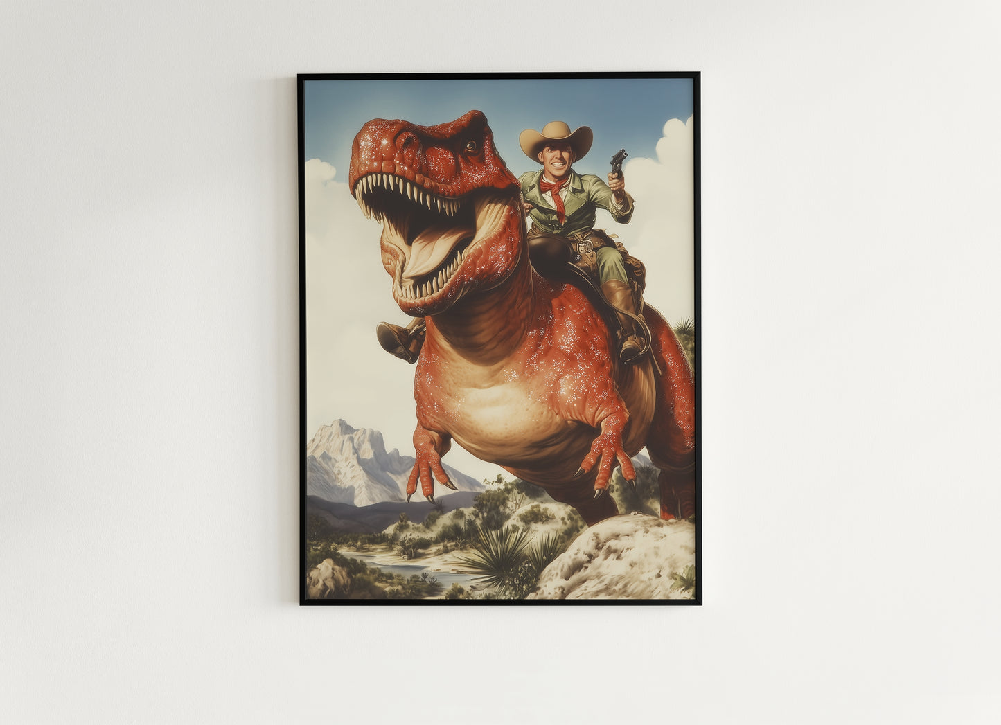 Funny Dinosaur Cowboy Wall Poster, Yeehaw Art Print, Cowboy Riding T-Rex, Weird Vintage Comic Book Poster, Quirky Western Jurassic Decor