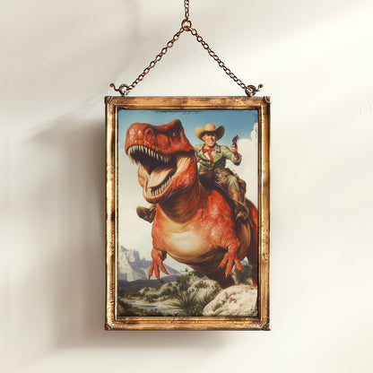 Funny Dinosaur Cowboy Wall Poster, Yeehaw Art Print, Cowboy Riding T-Rex, Weird Vintage Comic Book Poster, Quirky Western Jurassic Decor