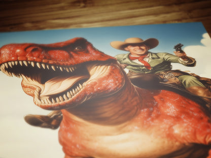Funny Dinosaur Cowboy Wall Poster, Yeehaw Art Print, Cowboy Riding T-Rex, Weird Vintage Comic Book Poster, Quirky Western Jurassic Decor