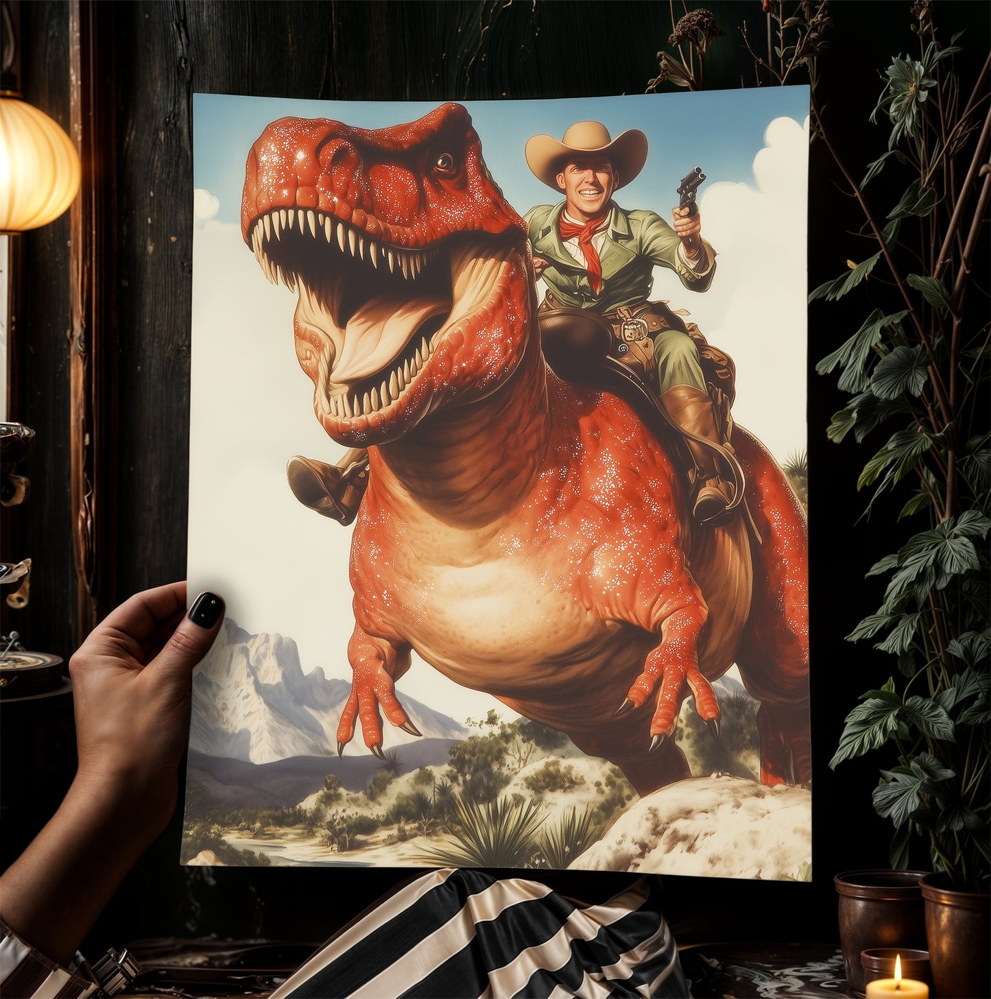 Funny Dinosaur Cowboy Wall Poster, Yeehaw Art Print, Cowboy Riding T-Rex, Weird Vintage Comic Book Poster, Quirky Western Jurassic Decor
