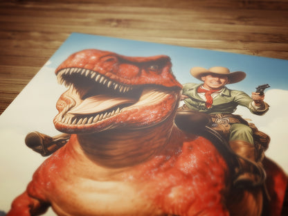 Funny Dinosaur Cowboy Wall Poster, Yeehaw Art Print, Cowboy Riding T-Rex, Weird Vintage Comic Book Poster, Quirky Western Jurassic Decor