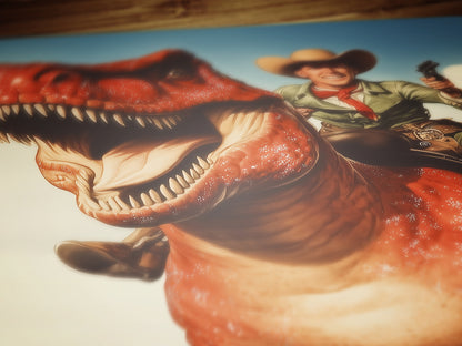 Funny Dinosaur Cowboy Wall Poster, Yeehaw Art Print, Cowboy Riding T-Rex, Weird Vintage Comic Book Poster, Quirky Western Jurassic Decor