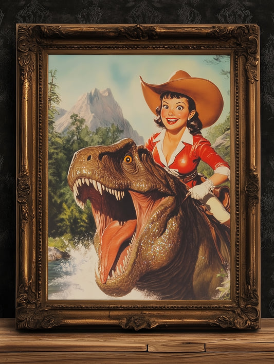 Funny Dinosaur Cowgirl Wall Poster, Yeehaw Art Print, Cowgirl Riding T-Rex, Weird Vintage Comic Book Poster, Quirky Western Jurassic Decor
