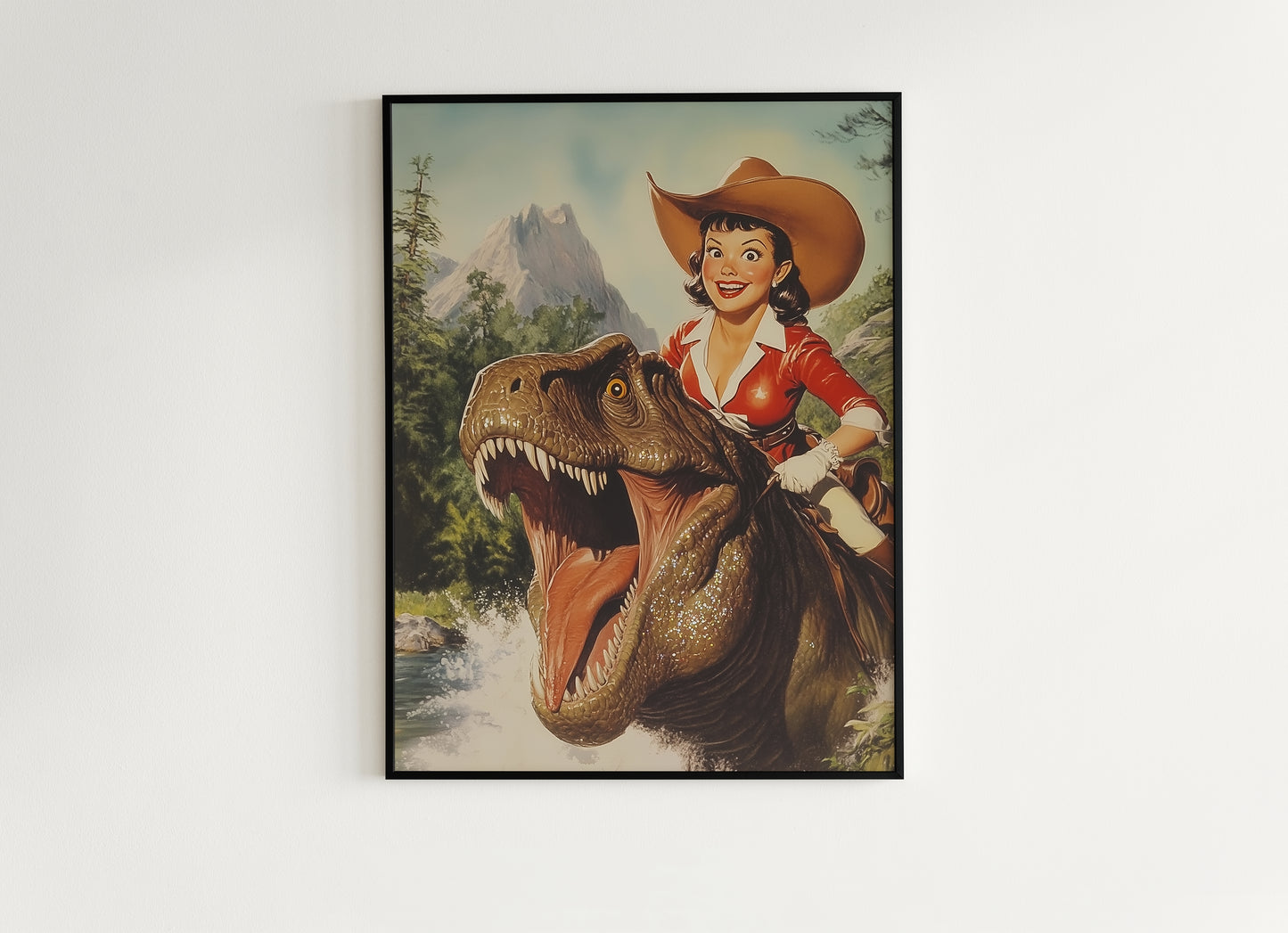 Funny Dinosaur Cowgirl Wall Poster, Yeehaw Art Print, Cowgirl Riding T-Rex, Weird Vintage Comic Book Poster, Quirky Western Jurassic Decor