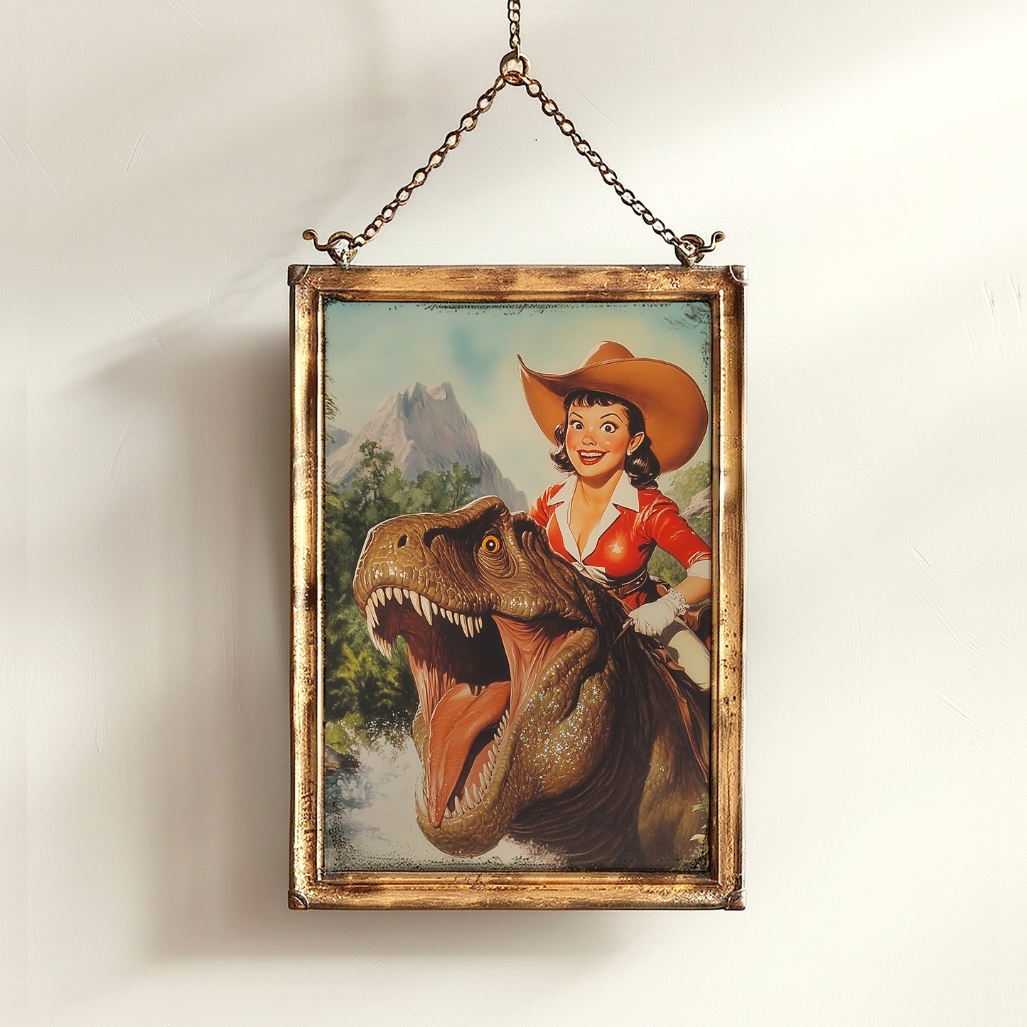 Funny Dinosaur Cowgirl Wall Poster, Yeehaw Art Print, Cowgirl Riding T-Rex, Weird Vintage Comic Book Poster, Quirky Western Jurassic Decor