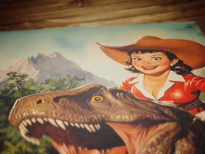 Funny Dinosaur Cowgirl Wall Poster, Yeehaw Art Print, Cowgirl Riding T-Rex, Weird Vintage Comic Book Poster, Quirky Western Jurassic Decor