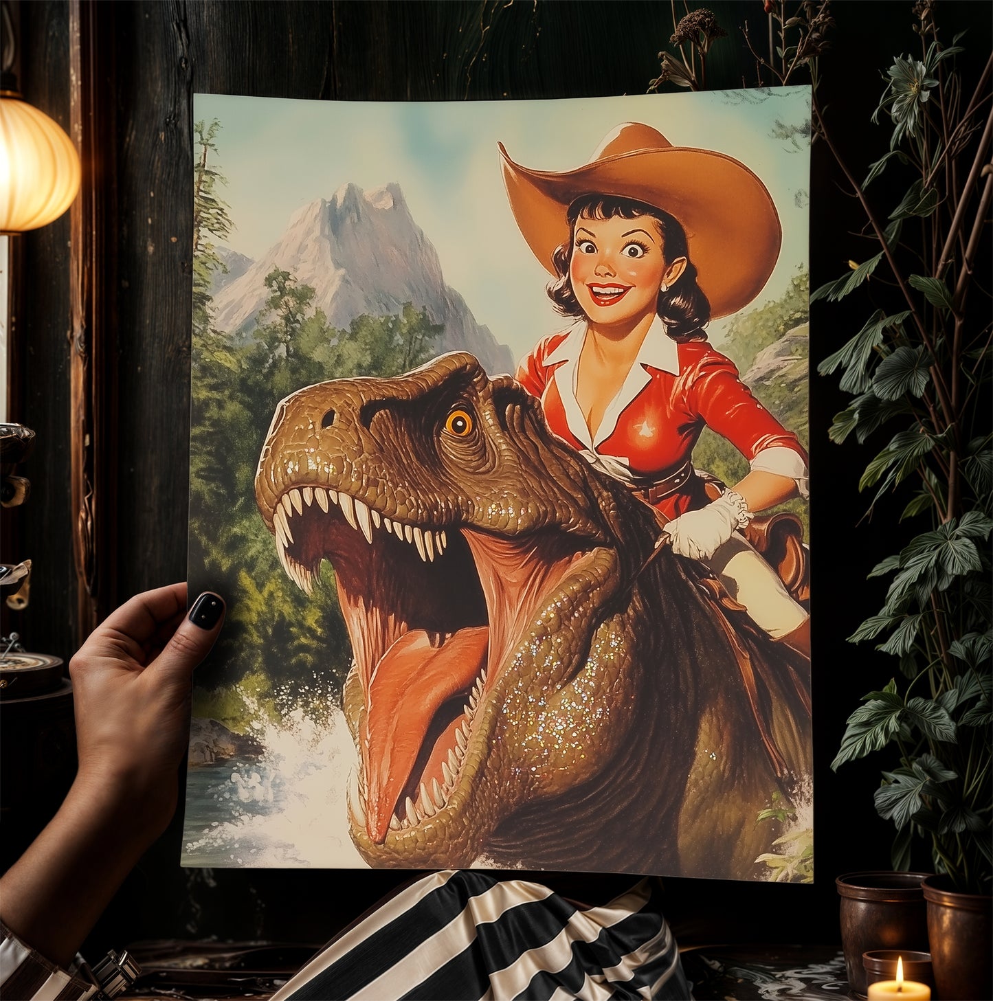 Funny Dinosaur Cowgirl Wall Poster, Yeehaw Art Print, Cowgirl Riding T-Rex, Weird Vintage Comic Book Poster, Quirky Western Jurassic Decor