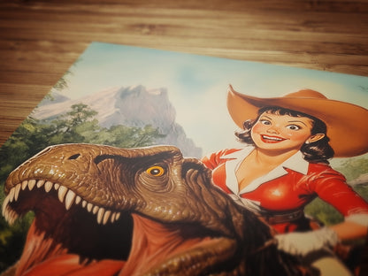 Funny Dinosaur Cowgirl Wall Poster, Yeehaw Art Print, Cowgirl Riding T-Rex, Weird Vintage Comic Book Poster, Quirky Western Jurassic Decor