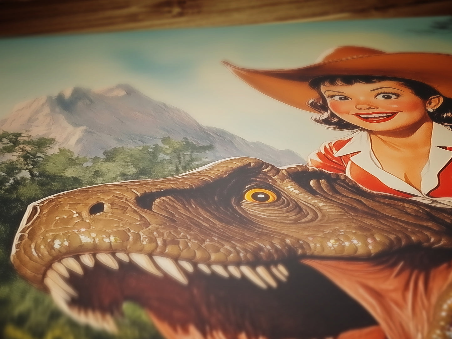 Funny Dinosaur Cowgirl Wall Poster, Yeehaw Art Print, Cowgirl Riding T-Rex, Weird Vintage Comic Book Poster, Quirky Western Jurassic Decor