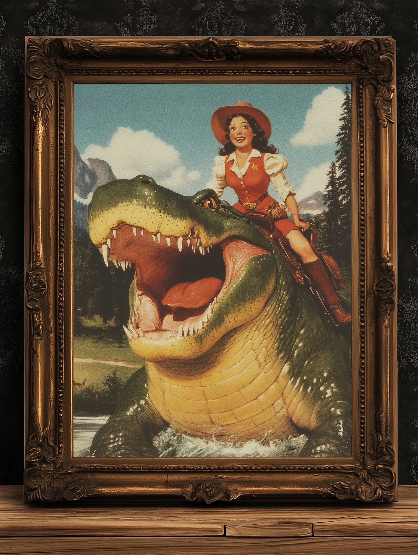 Funny Gator Cowboy Wall Poster, Yeehaw Art Print, Cowboy Riding Crocodile, Weird Vintage Comic Book Poster, Quirky Western Jurassic Decor