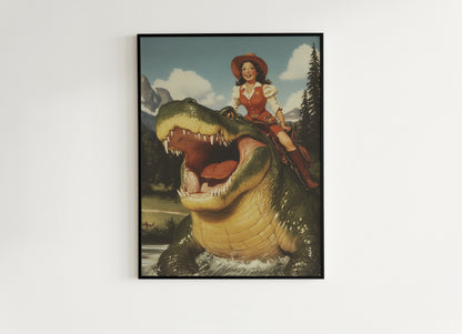 Funny Gator Cowboy Wall Poster, Yeehaw Art Print, Cowboy Riding Crocodile, Weird Vintage Comic Book Poster, Quirky Western Jurassic Decor