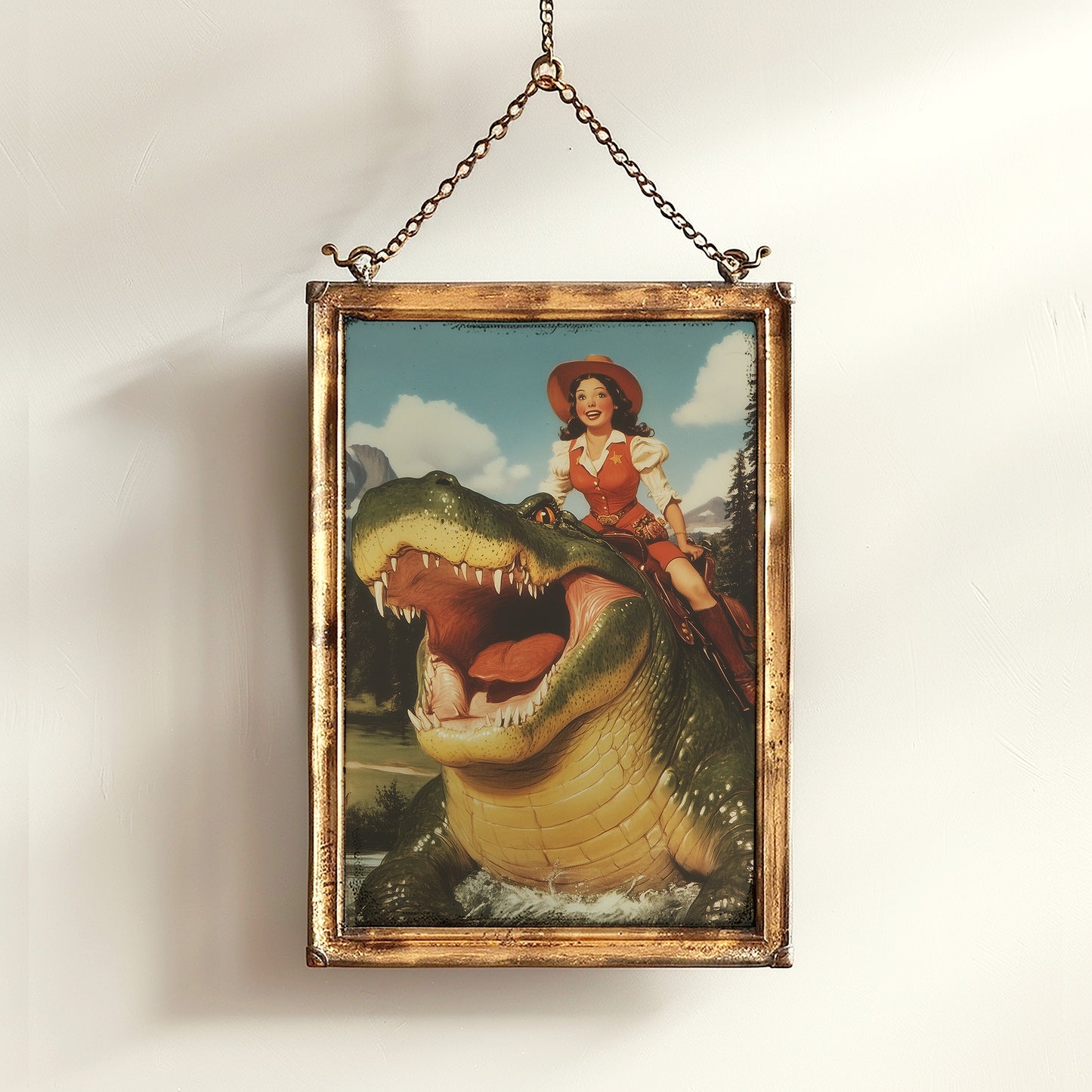 Funny Gator Cowboy Wall Poster, Yeehaw Art Print, Cowboy Riding Crocodile, Weird Vintage Comic Book Poster, Quirky Western Jurassic Decor