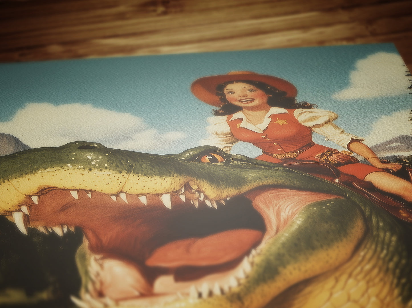 Funny Gator Cowboy Wall Poster, Yeehaw Art Print, Cowboy Riding Crocodile, Weird Vintage Comic Book Poster, Quirky Western Jurassic Decor