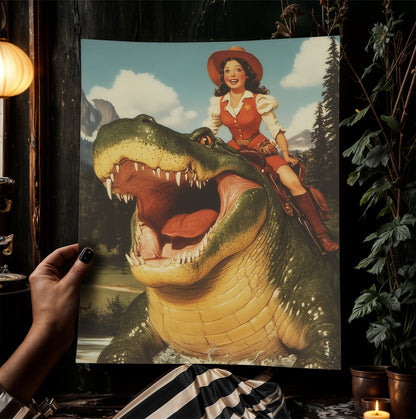 Funny Gator Cowboy Wall Poster, Yeehaw Art Print, Cowboy Riding Crocodile, Weird Vintage Comic Book Poster, Quirky Western Jurassic Decor