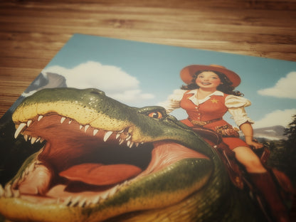 Funny Gator Cowboy Wall Poster, Yeehaw Art Print, Cowboy Riding Crocodile, Weird Vintage Comic Book Poster, Quirky Western Jurassic Decor