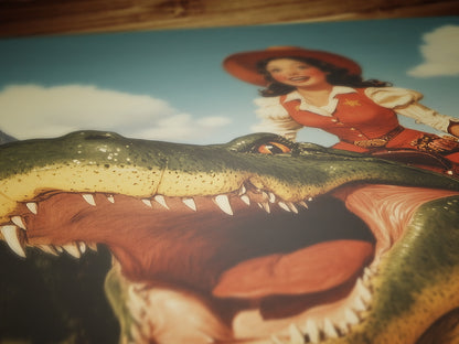 Funny Gator Cowboy Wall Poster, Yeehaw Art Print, Cowboy Riding Crocodile, Weird Vintage Comic Book Poster, Quirky Western Jurassic Decor