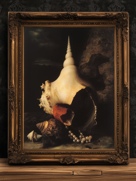Conch And Seashells, Dramatic Ocean Shell Still Life, Whimsigoth Coastal Decor, Dark Academia Wall Art for Moody Interiors