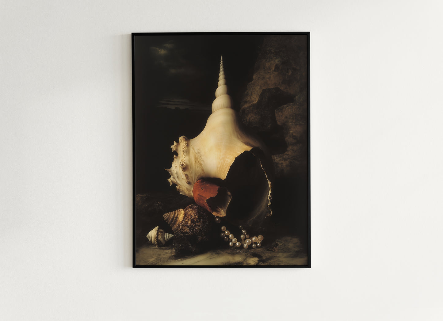 Conch And Seashells, Dramatic Ocean Shell Still Life, Whimsigoth Coastal Decor, Dark Academia Wall Art for Moody Interiors