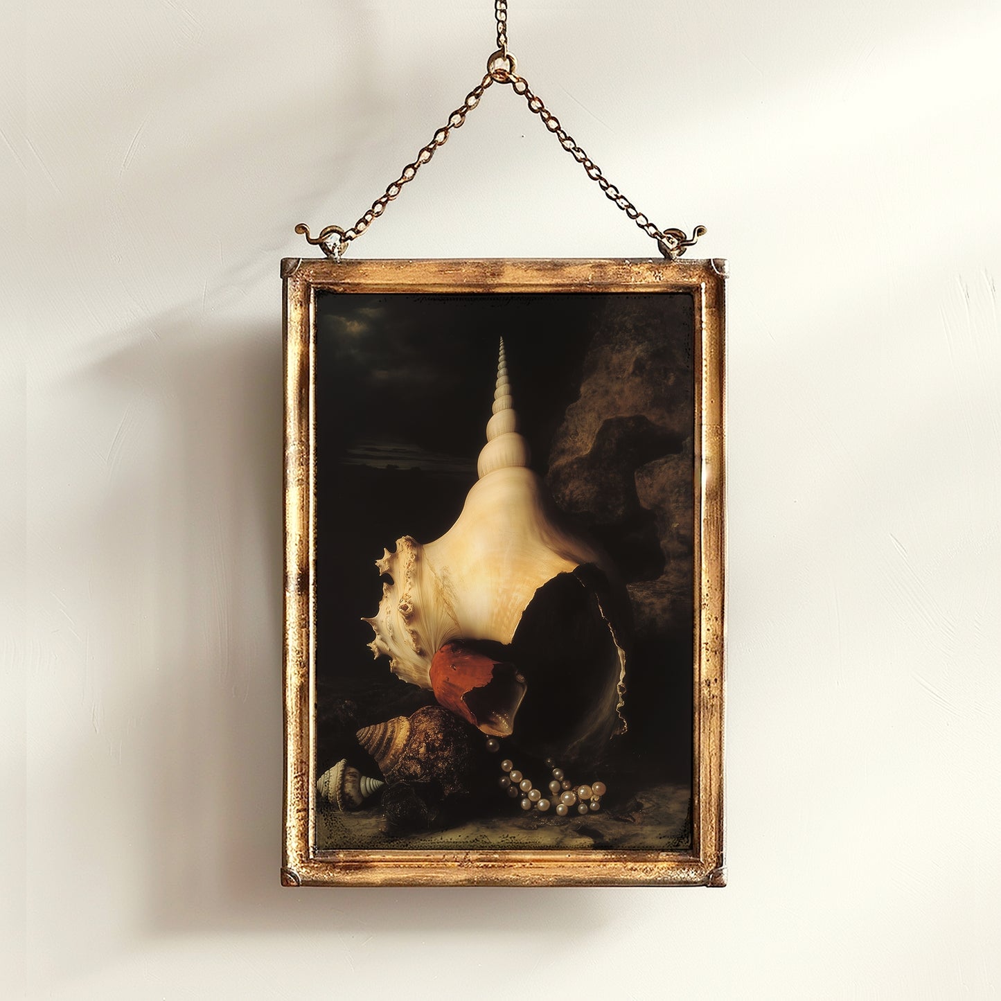 Conch And Seashells, Dramatic Ocean Shell Still Life, Whimsigoth Coastal Decor, Dark Academia Wall Art for Moody Interiors