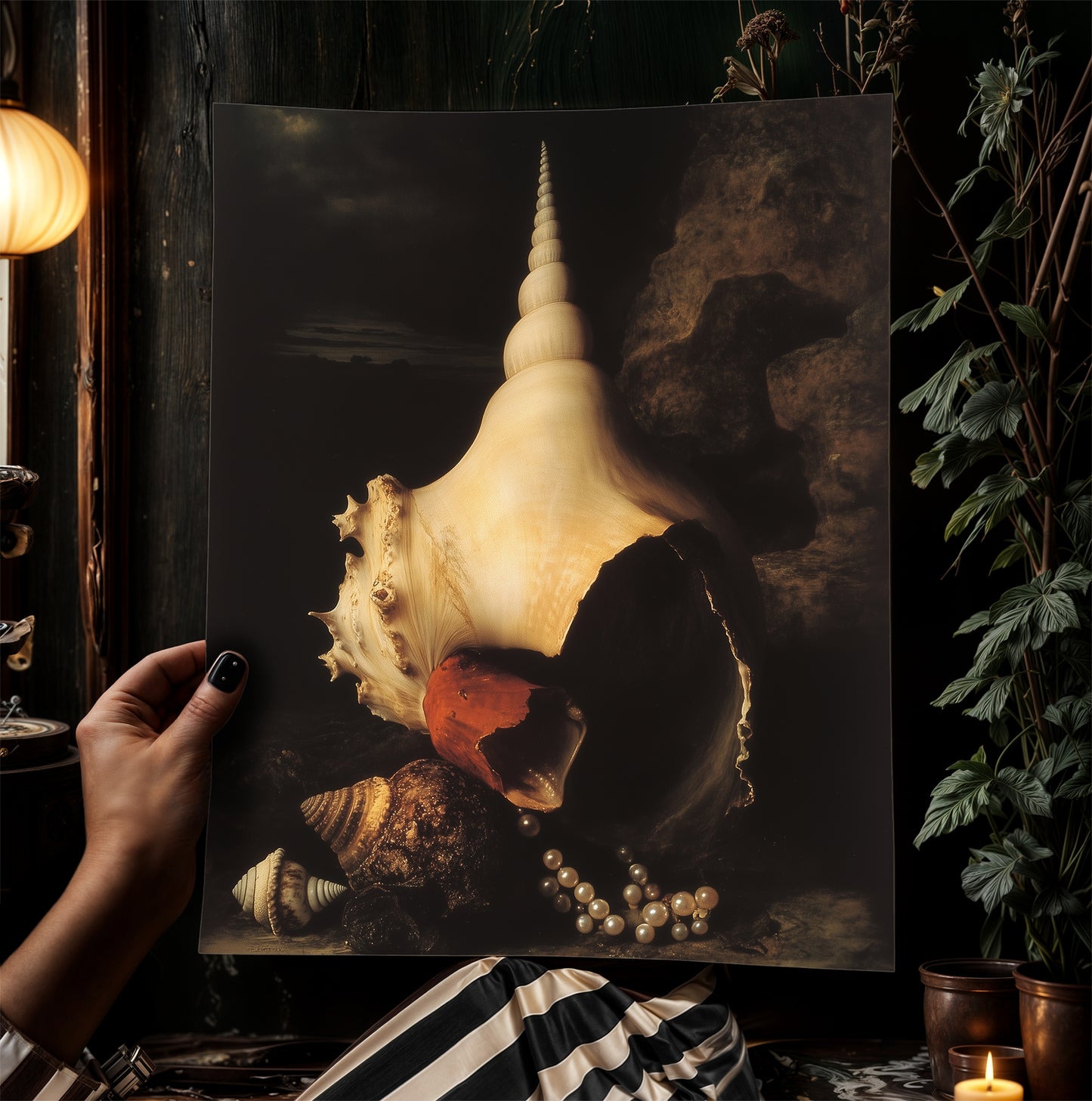 Conch And Seashells, Dramatic Ocean Shell Still Life, Whimsigoth Coastal Decor, Dark Academia Wall Art for Moody Interiors