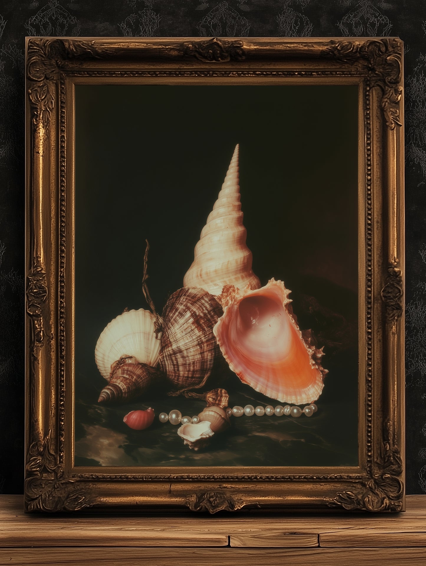 Seashells And Pearls, Dramatic Ocean Shell Still Life, Whimsigoth Coastal Decor, Dark Academia Wall Art for Moody Interiors