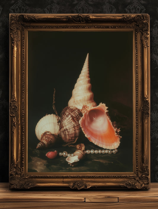 Seashells And Pearls, Dramatic Ocean Shell Still Life, Whimsigoth Coastal Decor, Dark Academia Wall Art for Moody Interiors