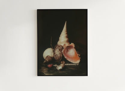 Seashells And Pearls, Dramatic Ocean Shell Still Life, Whimsigoth Coastal Decor, Dark Academia Wall Art for Moody Interiors