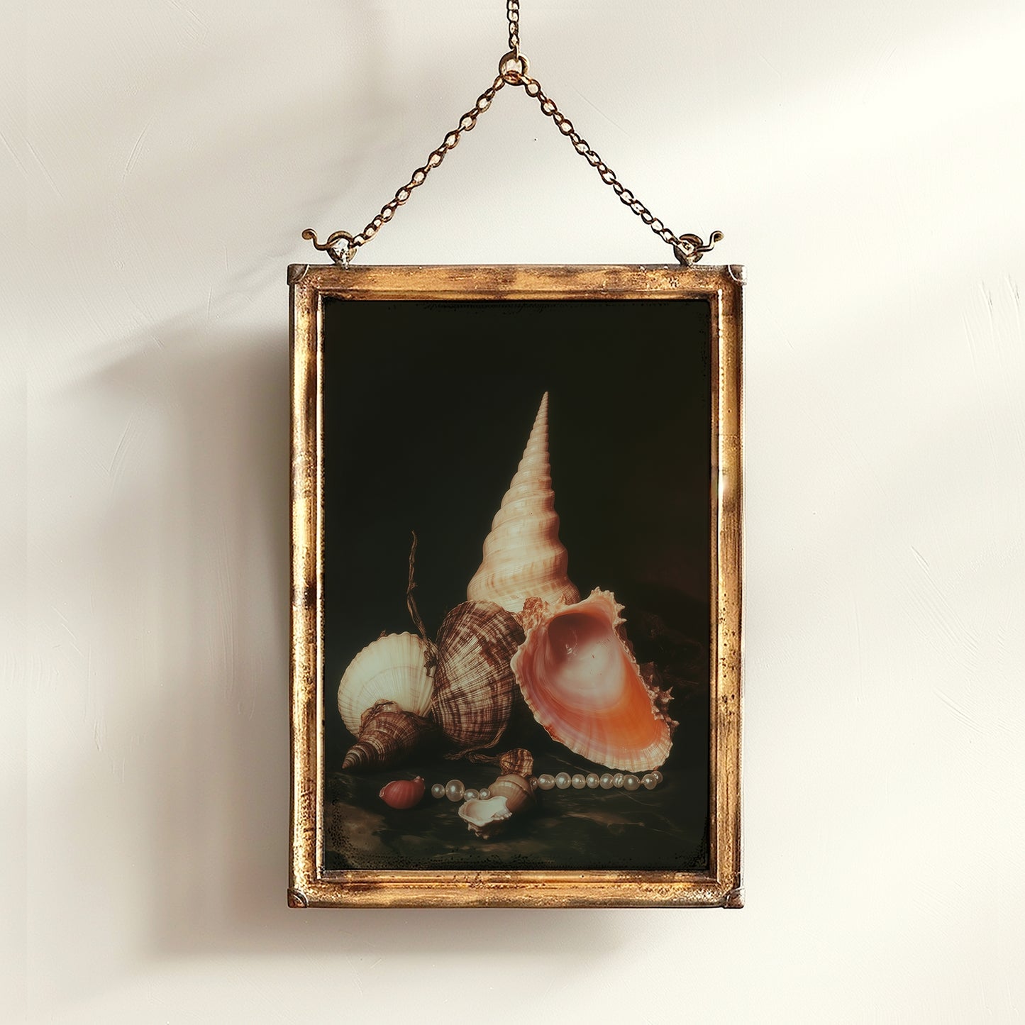 Seashells And Pearls, Dramatic Ocean Shell Still Life, Whimsigoth Coastal Decor, Dark Academia Wall Art for Moody Interiors