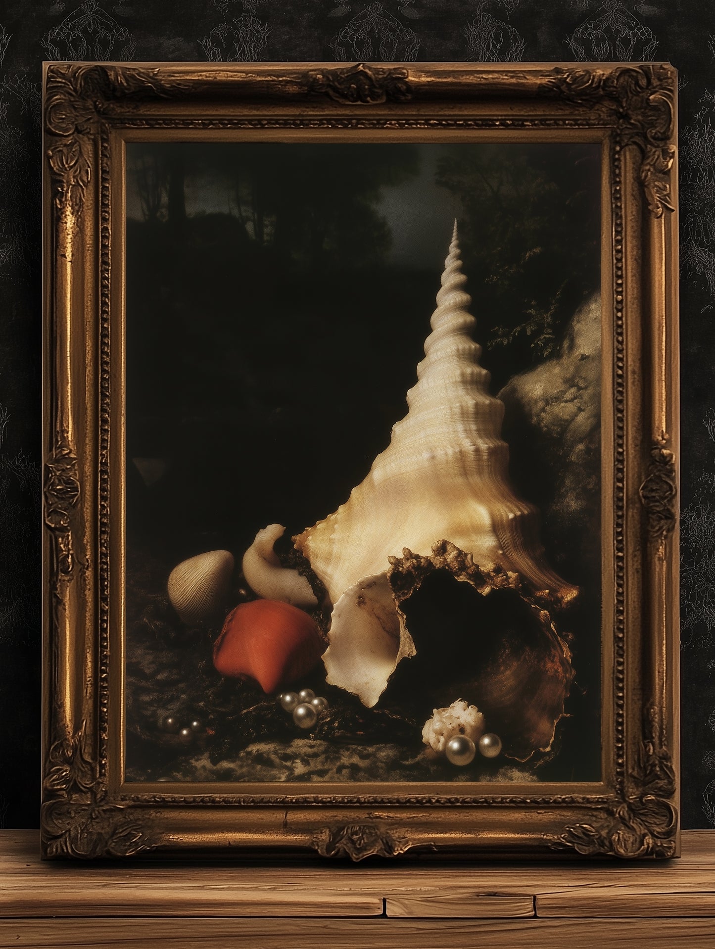 Seashells And Pearls, Whimsigoth Dramatic Ocean Shell Still Life, Whimsigoth Coastal Decor, Dark Academia Wall Art for Moody Interiors