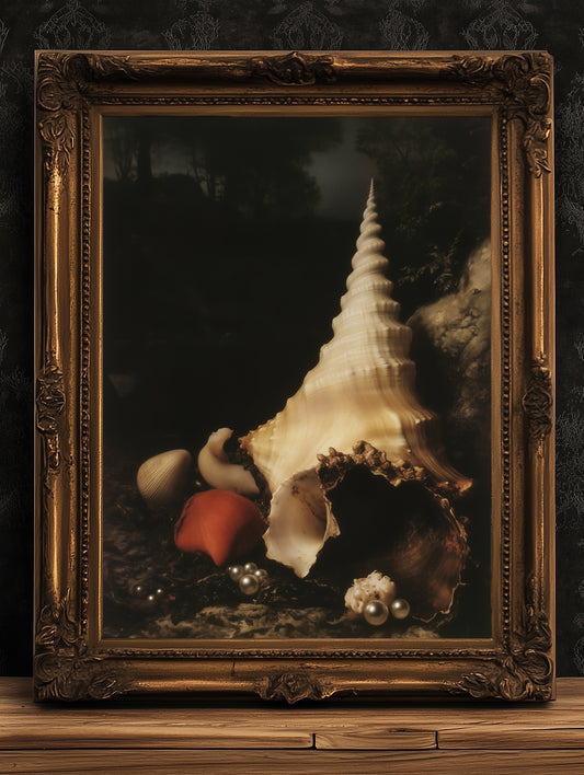 Seashells And Pearls, Whimsigoth Dramatic Ocean Shell Still Life, Whimsigoth Coastal Decor, Dark Academia Wall Art for Moody Interiors