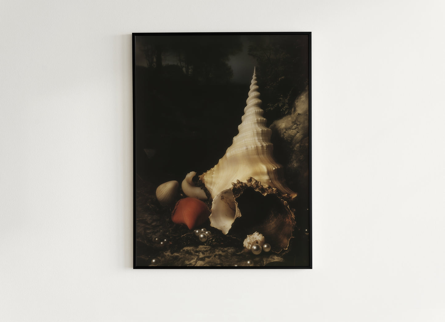 Seashells And Pearls, Whimsigoth Dramatic Ocean Shell Still Life, Whimsigoth Coastal Decor, Dark Academia Wall Art for Moody Interiors