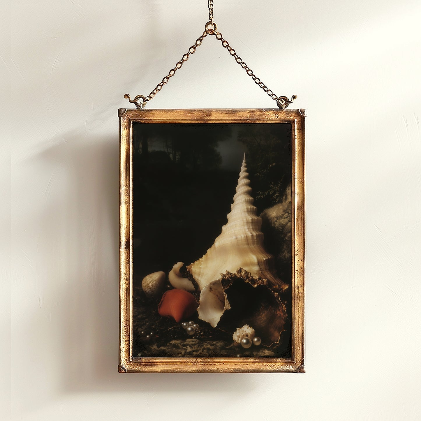 Seashells And Pearls, Whimsigoth Dramatic Ocean Shell Still Life, Whimsigoth Coastal Decor, Dark Academia Wall Art for Moody Interiors