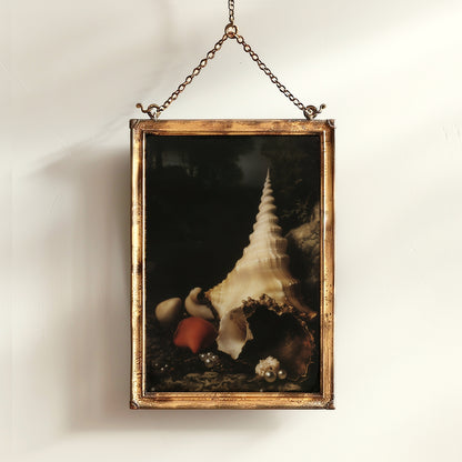Seashells And Pearls, Whimsigoth Dramatic Ocean Shell Still Life, Whimsigoth Coastal Decor, Dark Academia Wall Art for Moody Interiors