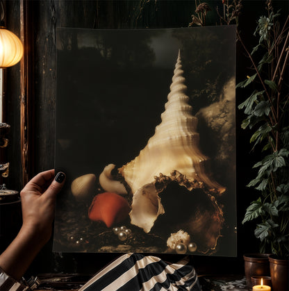 Seashells And Pearls, Whimsigoth Dramatic Ocean Shell Still Life, Whimsigoth Coastal Decor, Dark Academia Wall Art for Moody Interiors