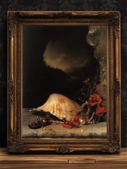 Seashells And Roses, Whimsigoth Dramatic Ocean Shell Still Life, Whimsigoth Coastal Decor, Dark Academia Wall Art for Moody Interiors