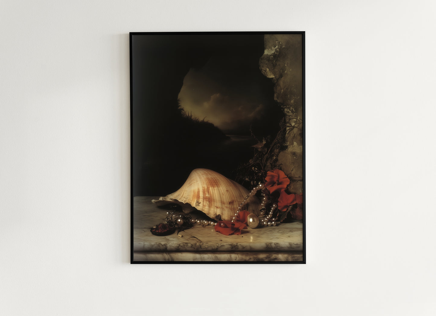 Seashells And Roses, Whimsigoth Dramatic Ocean Shell Still Life, Whimsigoth Coastal Decor, Dark Academia Wall Art for Moody Interiors