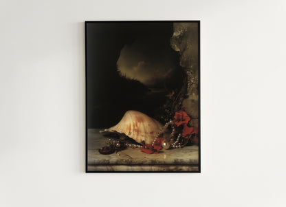 Seashells And Roses, Whimsigoth Dramatic Ocean Shell Still Life, Whimsigoth Coastal Decor, Dark Academia Wall Art for Moody Interiors