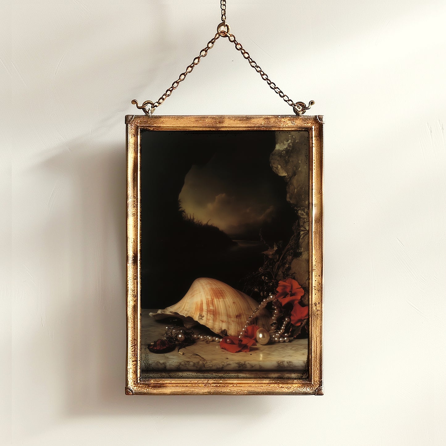 Seashells And Roses, Whimsigoth Dramatic Ocean Shell Still Life, Whimsigoth Coastal Decor, Dark Academia Wall Art for Moody Interiors
