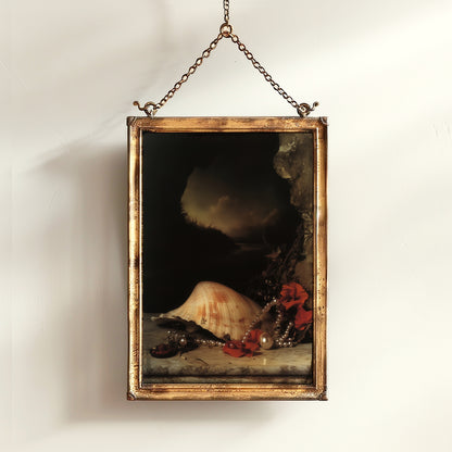 Seashells And Roses, Whimsigoth Dramatic Ocean Shell Still Life, Whimsigoth Coastal Decor, Dark Academia Wall Art for Moody Interiors
