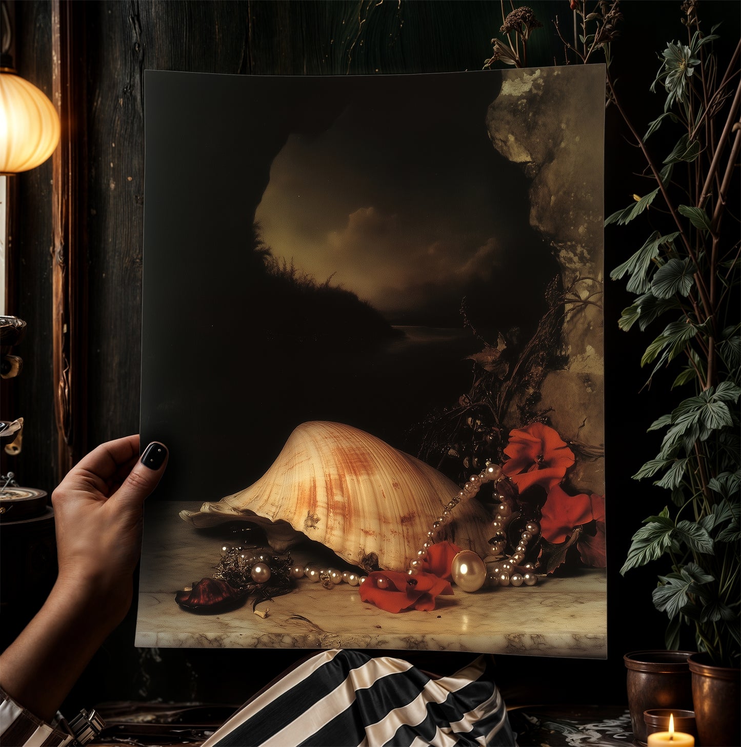 Seashells And Roses, Whimsigoth Dramatic Ocean Shell Still Life, Whimsigoth Coastal Decor, Dark Academia Wall Art for Moody Interiors