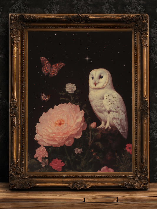 Vintage White Owl Art Print, Gothic Wall Art Poster, Moody Floral Botanical Poster, Dark Academia Aesthetic, Gothic Nature Wall Decor